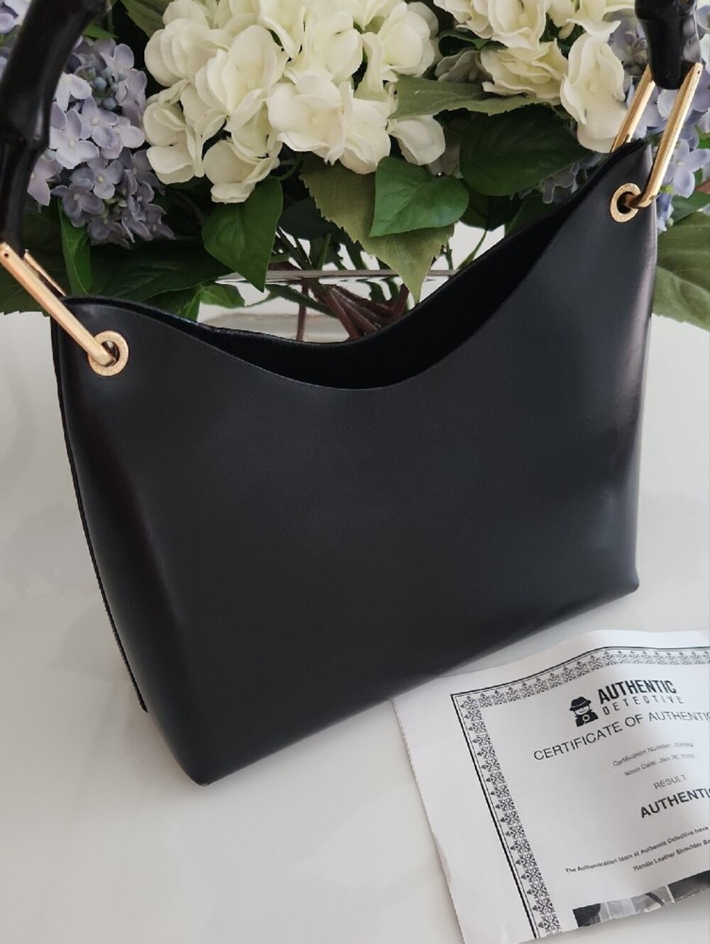 Vintage GUCCI Black Leather Bamboo Top Handle Bag Tom Ford Era With Pouch COA - Picture 2 of 16